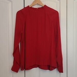 Ann Taylor LOFT Blouse Red Pleated Ruffle Top Long Sleeve Size S NWT